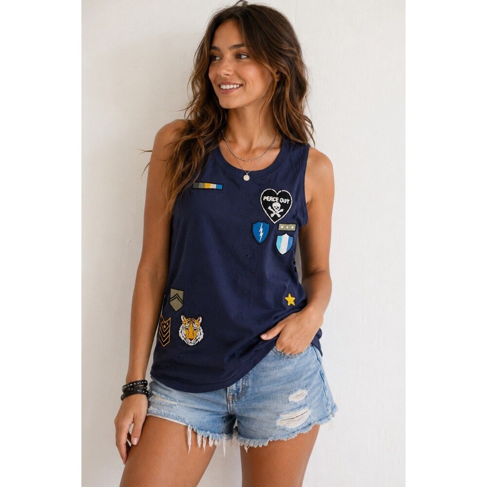 NWT Chaser Peace Out Distressed Patch Tank Top Navy Blue Size Medium